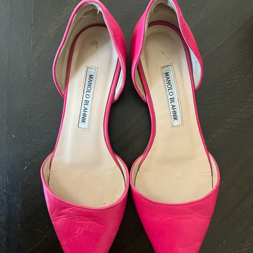 Manolo Blahnik Italian Leather Soussaba D’Orsay Hot Pink Pointed Toe Flats